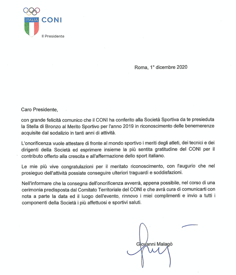 Lettera del Presidente Coni G.Malagò